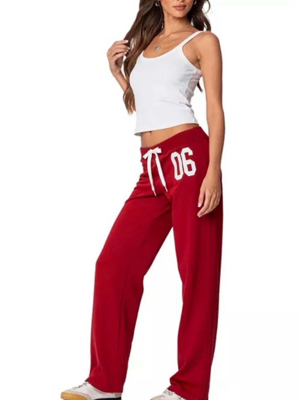 Edikted Red Wide-Leg Track Pants with '06 Detail